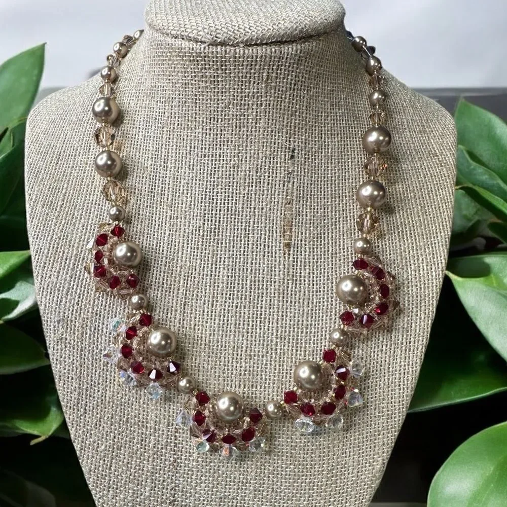 Handcrafted Gold & Garnett Color Beaded Crystal Necklace 16”